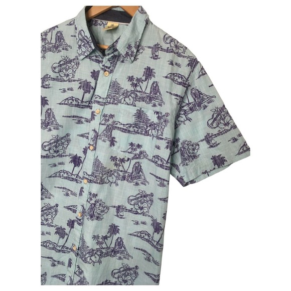 Rustic Blue Top Mens L Hawaiian Tropical Cotton Button Up Short Sleeves Blue - Picture 4 of 11